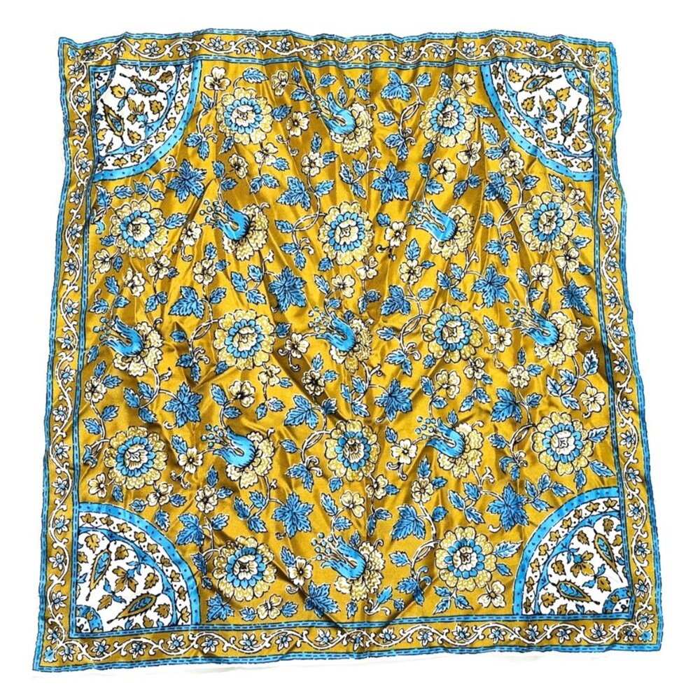 Vintage Glentex Scarf Floral Flowers Leaves Japan 24x23” Gold Blue White Black